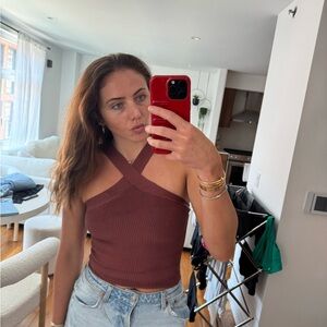 Women's Brown Ribbed Cross-Strap Top